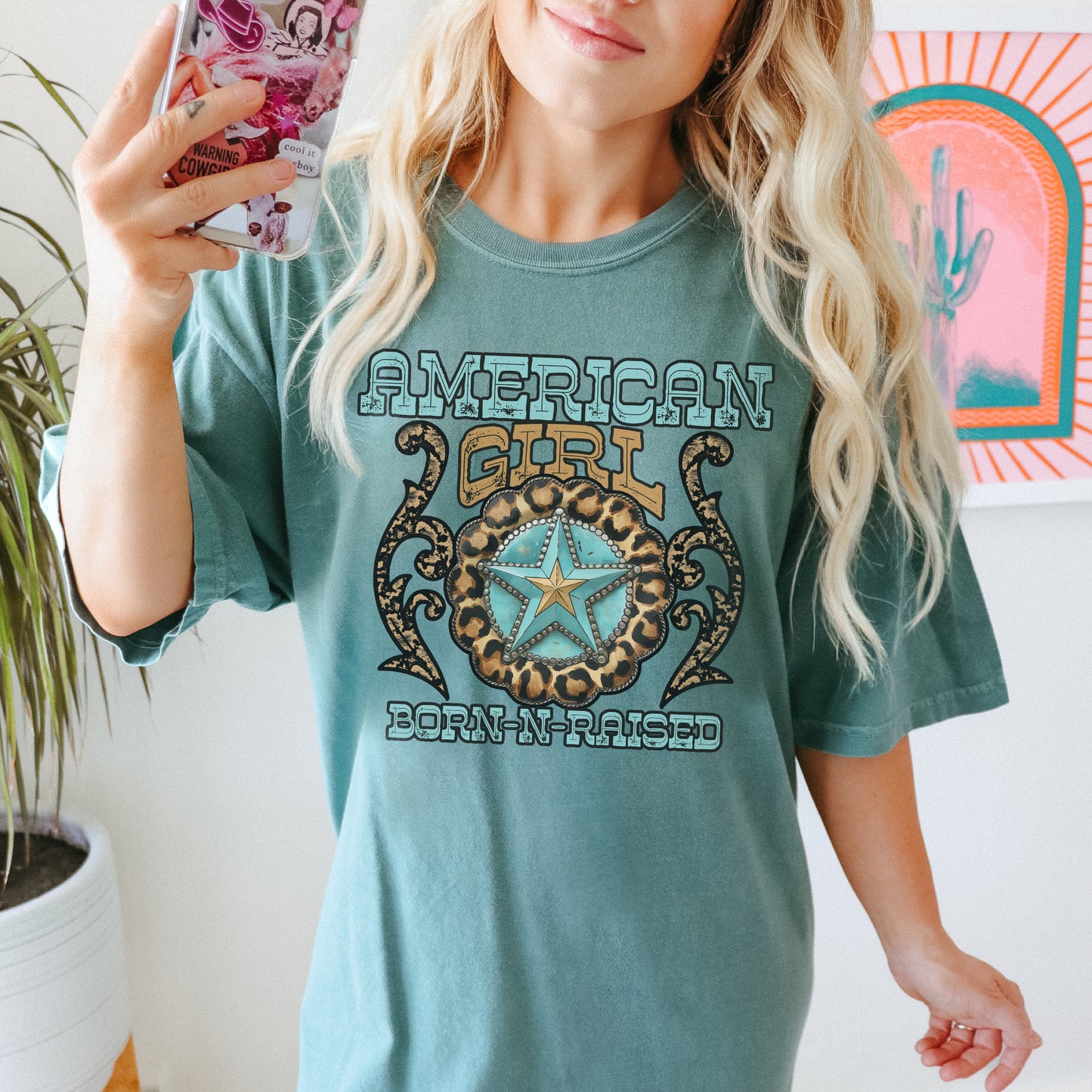 American Girl Sublimation Design PNG Digital Download Printable Western Cheetah Turquoise