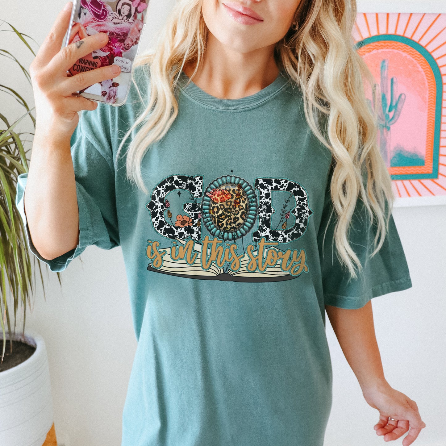 God is in this Story Sublimation Design PNG Digital Download Printable Western Cow Print Cheetah Turquoise