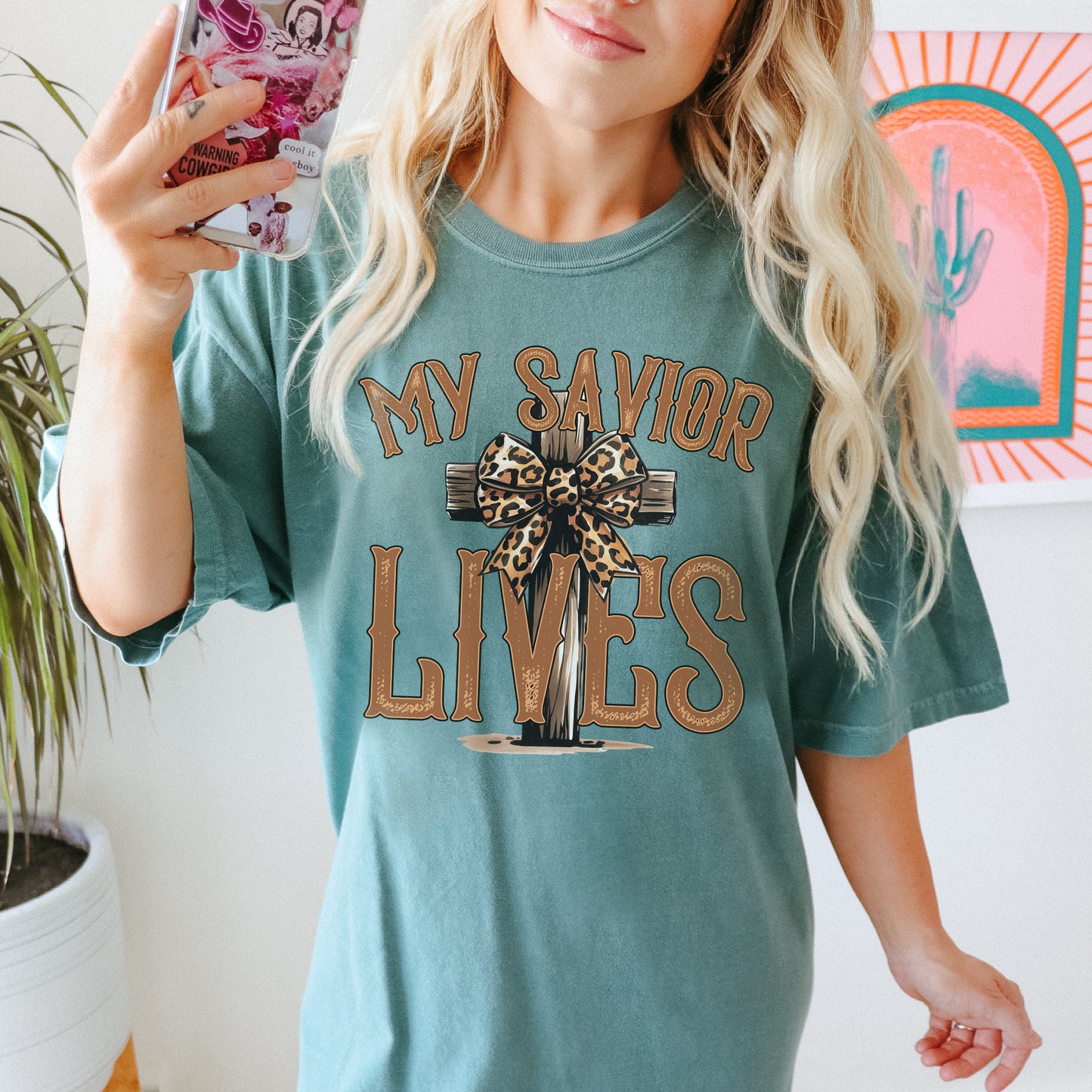 My Savior Lives Sublimation Design PNG Digital Download Printable Faith Cross Cheetah