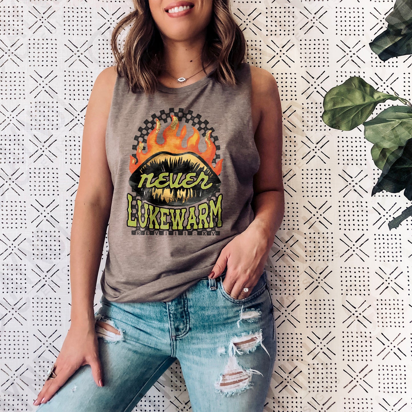 Never Lukewarm Sublimation Design PNG Digital Download Printable Faith Fire Checkered Rock