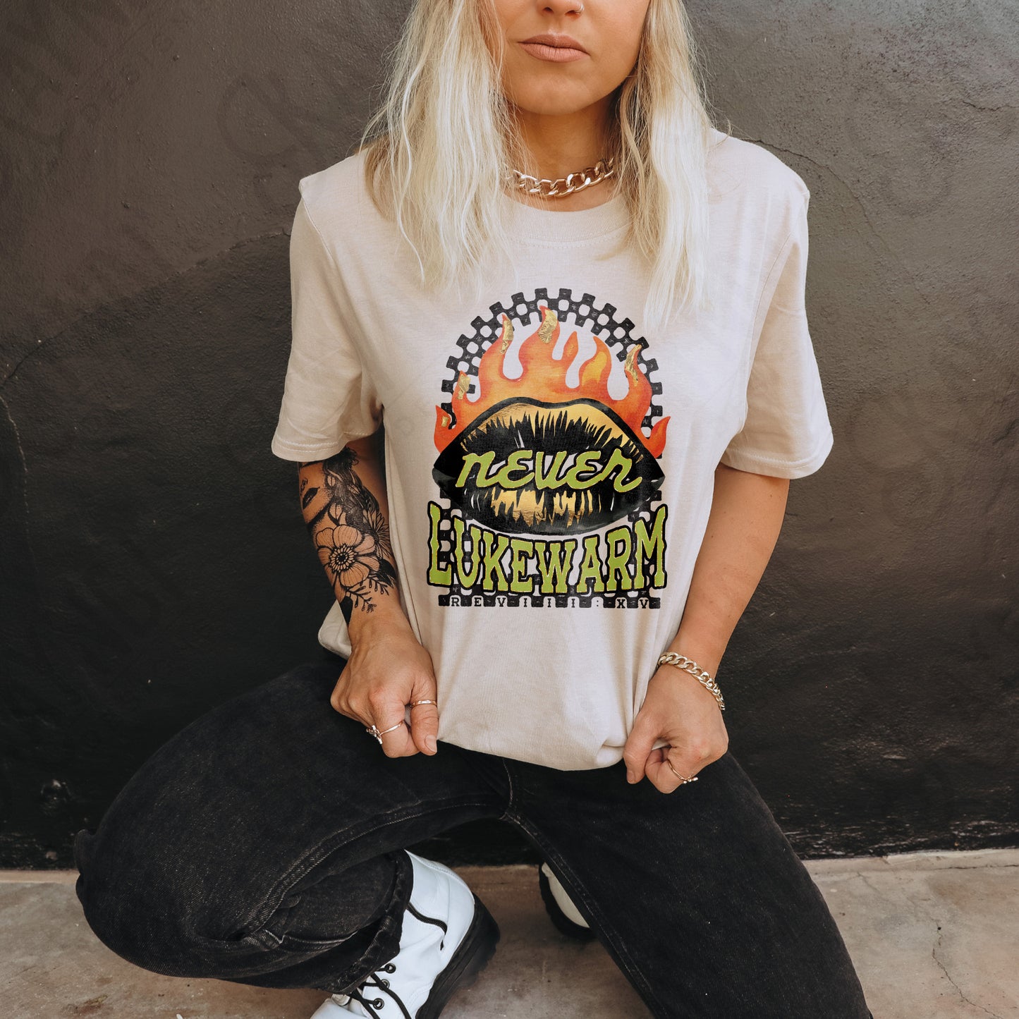 Never Lukewarm Sublimation Design PNG Digital Download Printable Faith Fire Checkered Rock