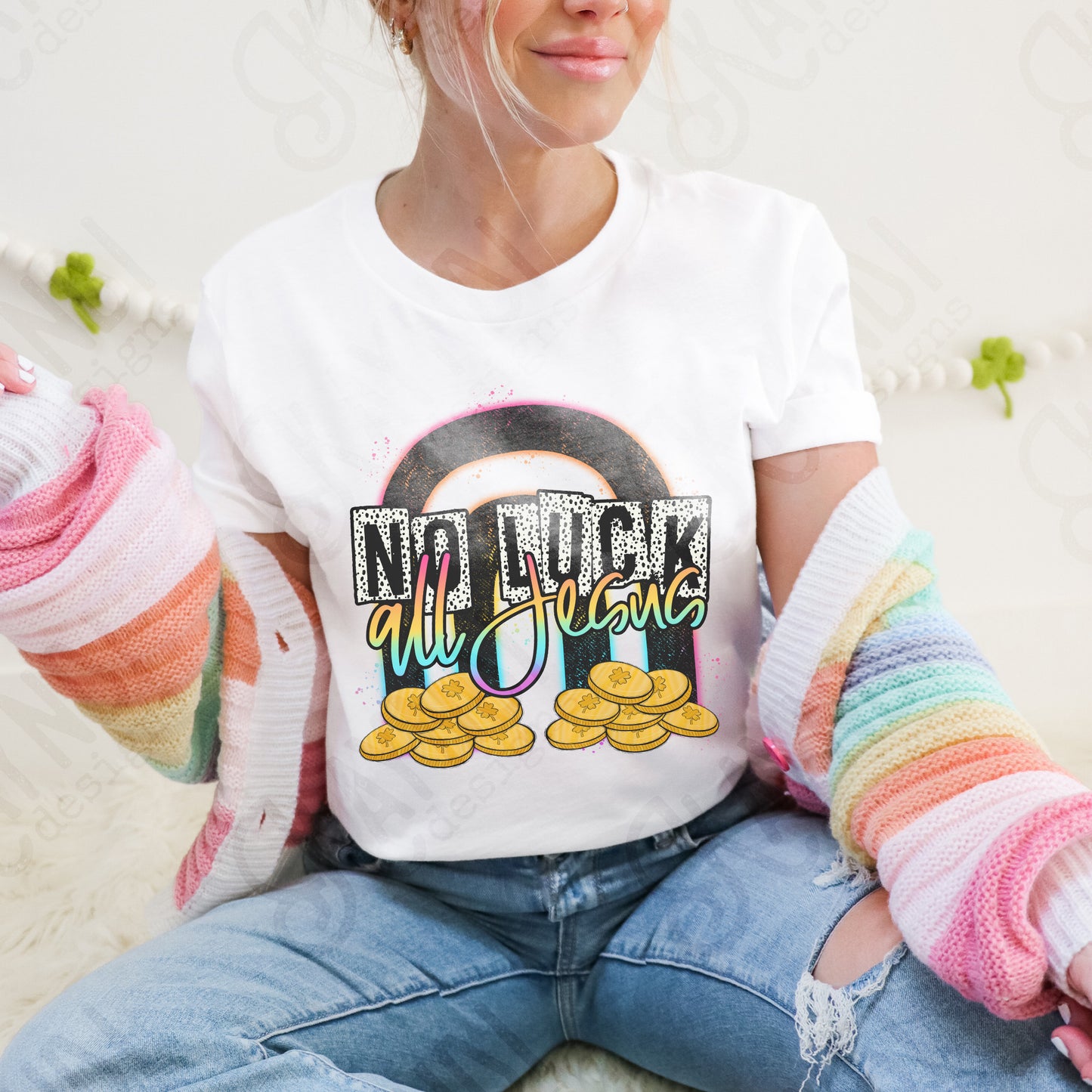 No Luck All Jesus Sublimation Design PNG Digital Download Printable Rainbow Gold Faith