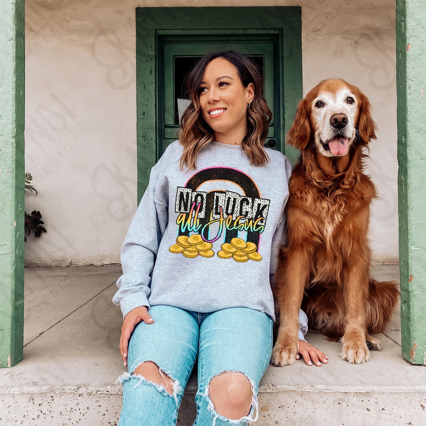 No Luck All Jesus Sublimation Design PNG Digital Download Printable Rainbow Gold Faith