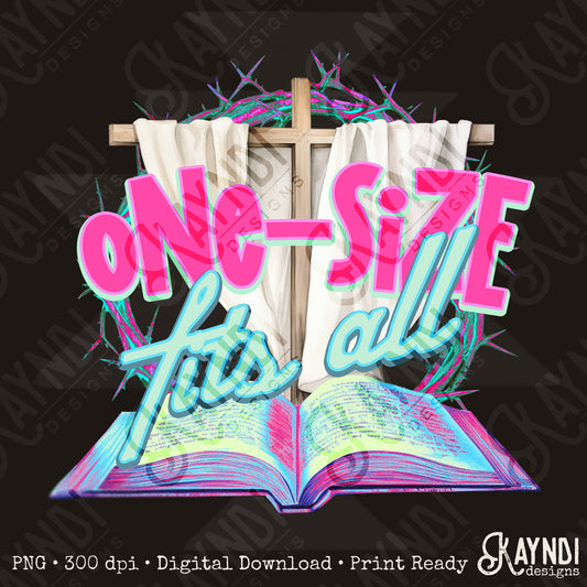 One Size Fits All Sublimation Design PNG Digital Download Printable Faith Cross Bible Pink