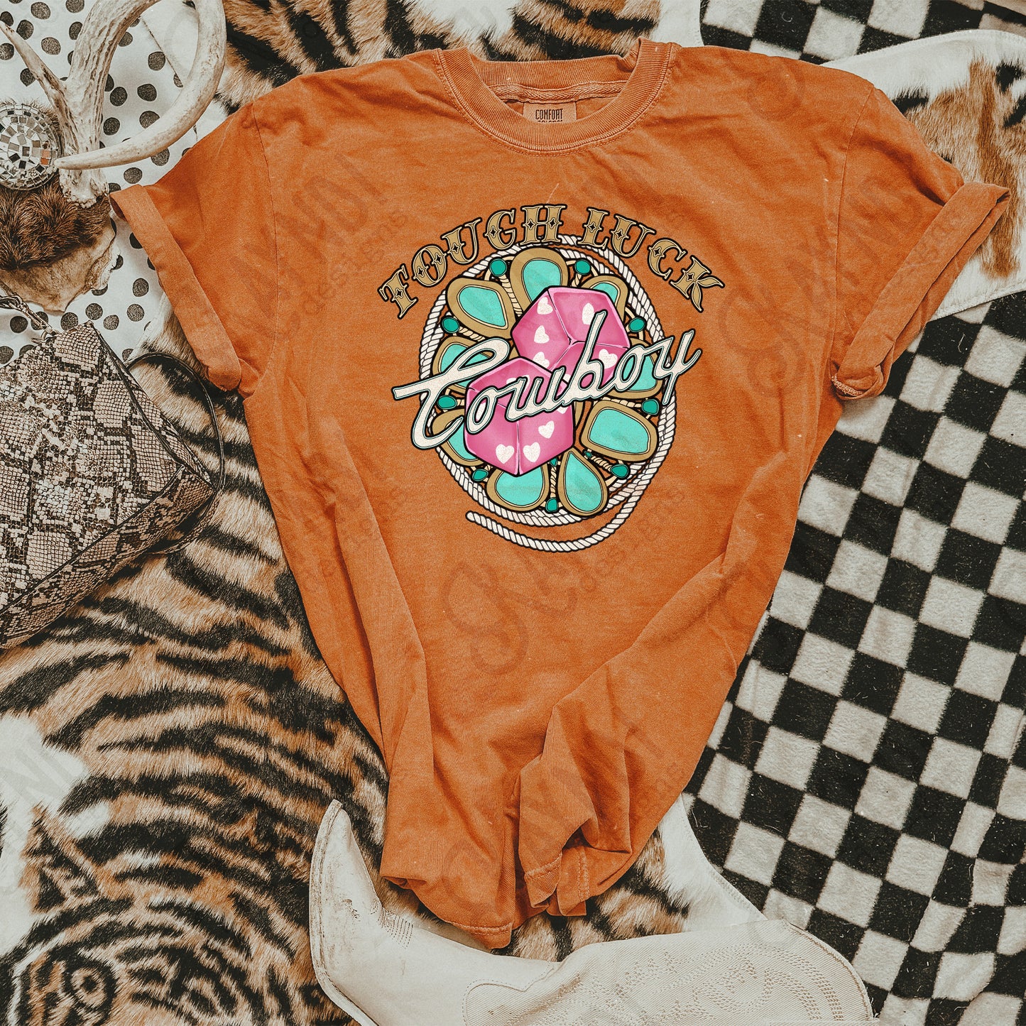 Tough Luck Cowboy Sublimation Design PNG Digital Download Printable Pink Dice Turquoise