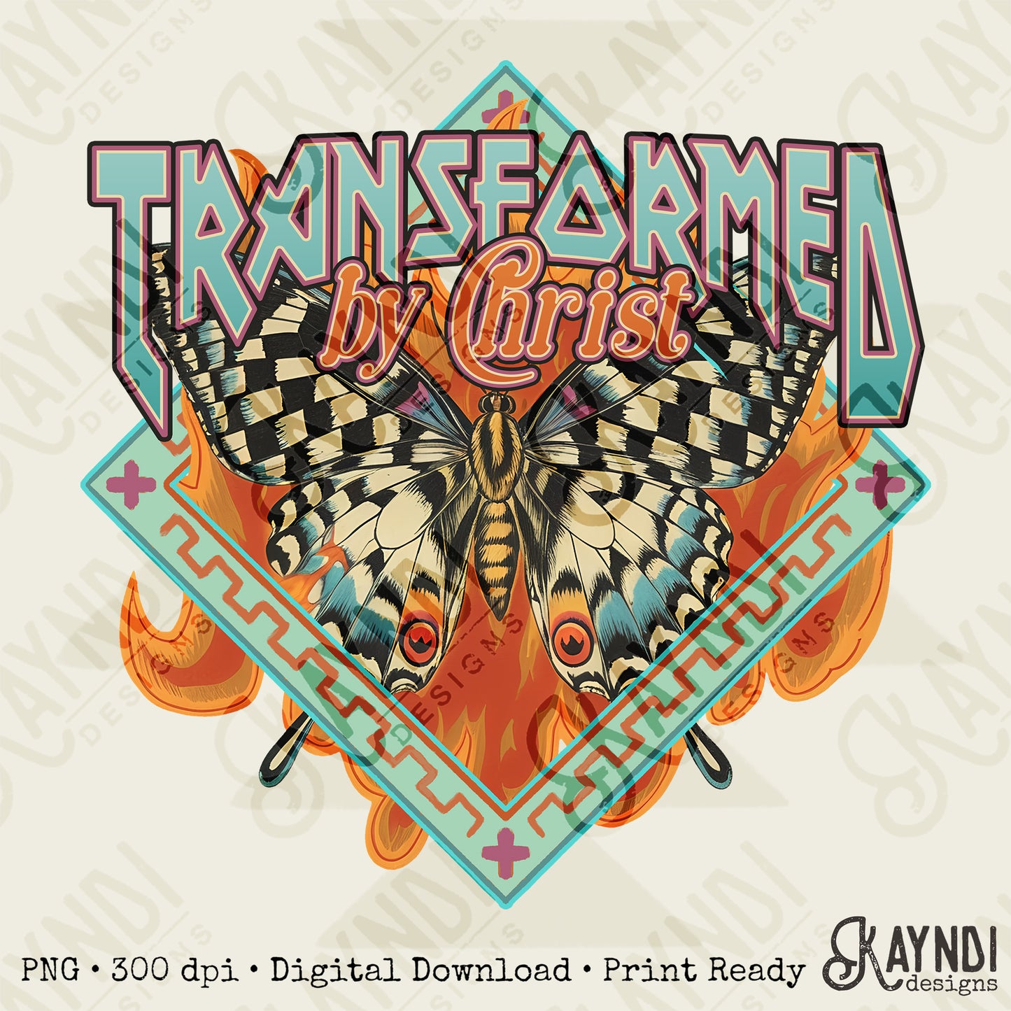 Transformed by Christ Sublimation Design PNG Digital Download Printable Faith Butterfly Fire