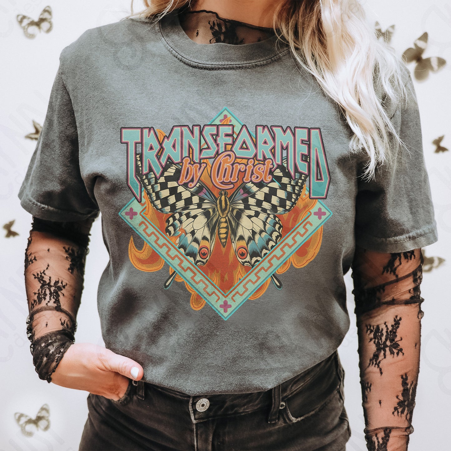 Transformed by Christ Sublimation Design PNG Digital Download Printable Faith Butterfly Fire