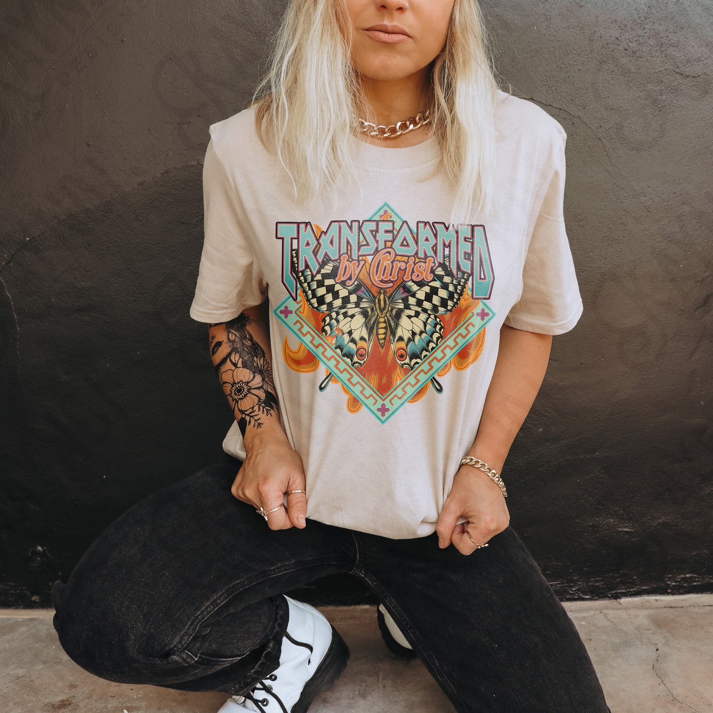 Transformed by Christ Sublimation Design PNG Digital Download Printable Faith Butterfly Fire