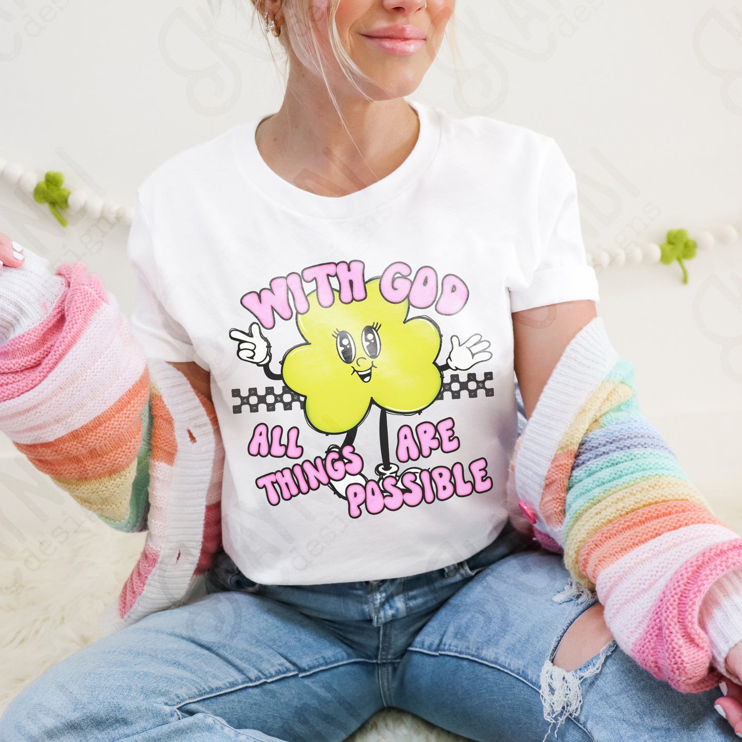 With God All Things are Possible Sublimation Design PNG Digital Download Printable Retro Groovy Checkered Clover