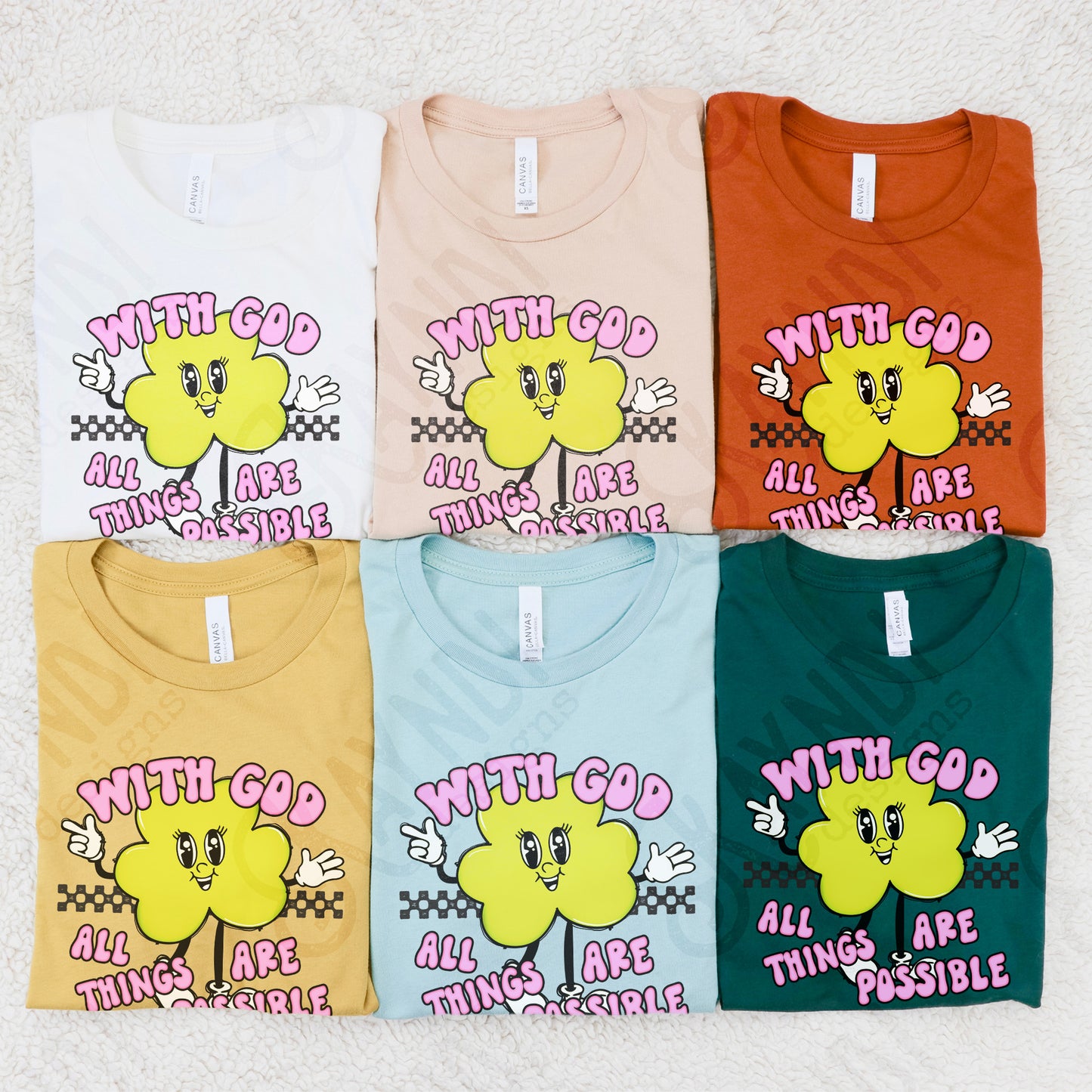 With God All Things are Possible Sublimation Design PNG Digital Download Printable Retro Groovy Checkered Clover