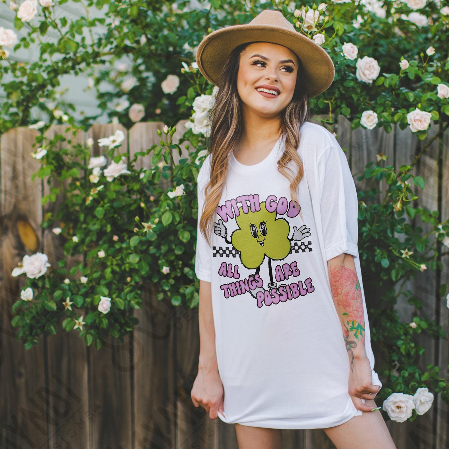 With God All Things are Possible Sublimation Design PNG Digital Download Printable Retro Groovy Checkered Clover