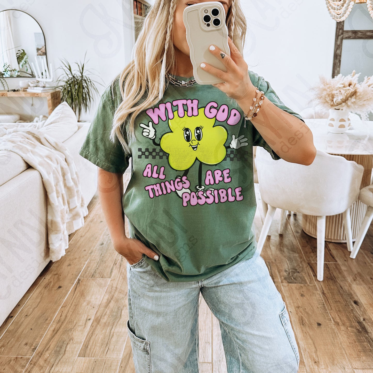 With God All Things are Possible Sublimation Design PNG Digital Download Printable Retro Groovy Checkered Clover