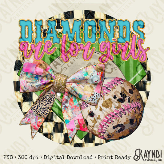 Diamonds are for Girls Sublimation Design PNG Digital Download Printable Sports Bows Softball Baseball