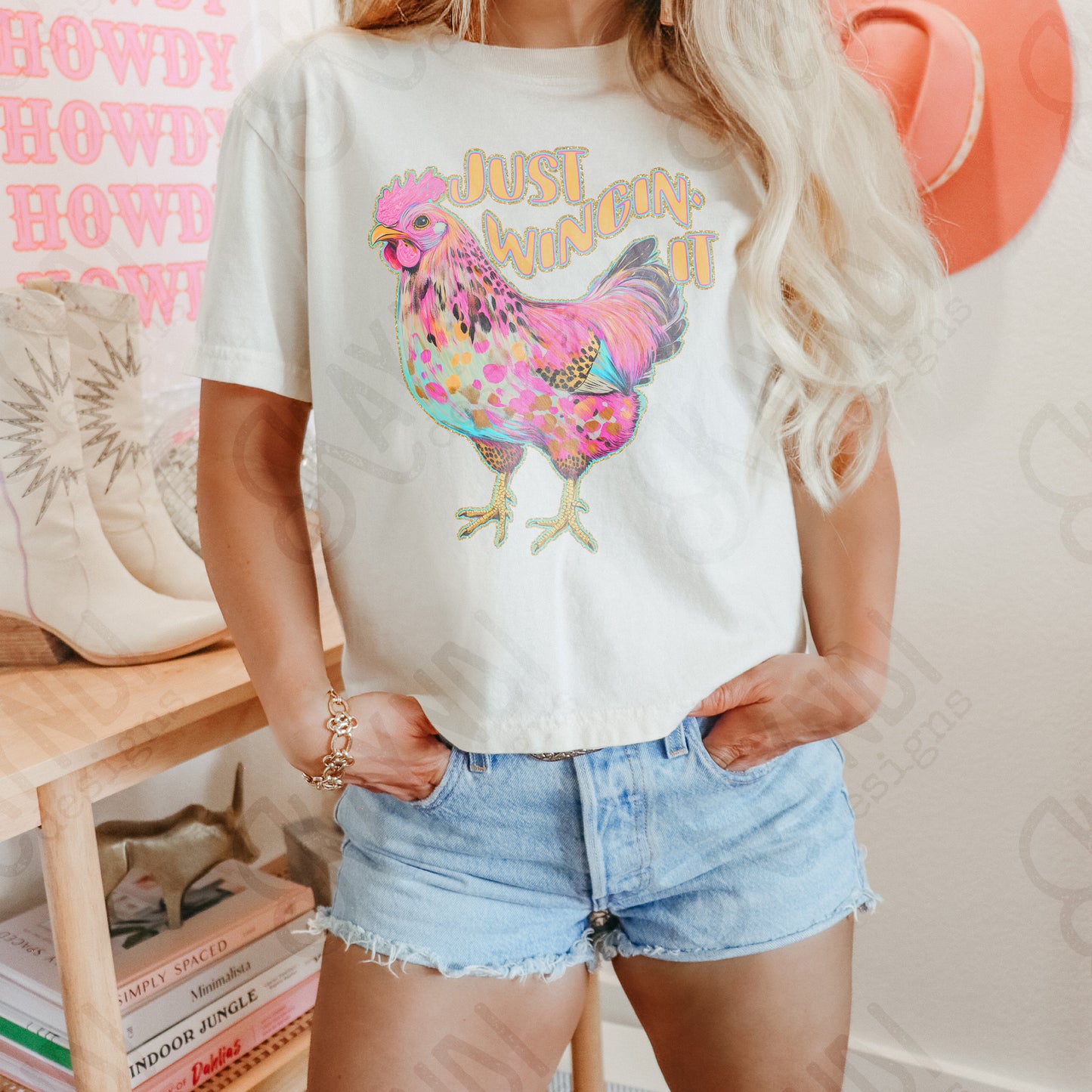 Just Wingin It Sublimation Design PNG Digital Download Printable Chickens Rooster Country Pink