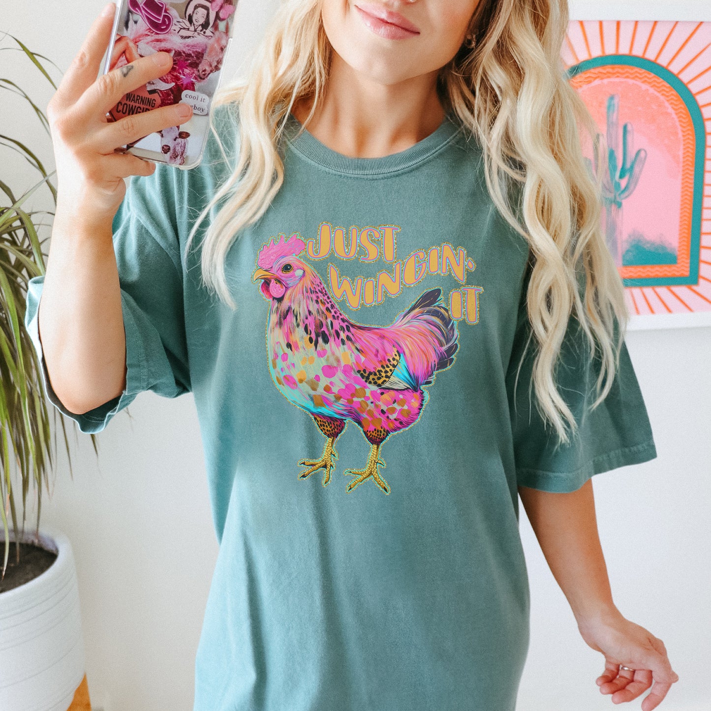 Just Wingin It Sublimation Design PNG Digital Download Printable Chickens Rooster Country Pink