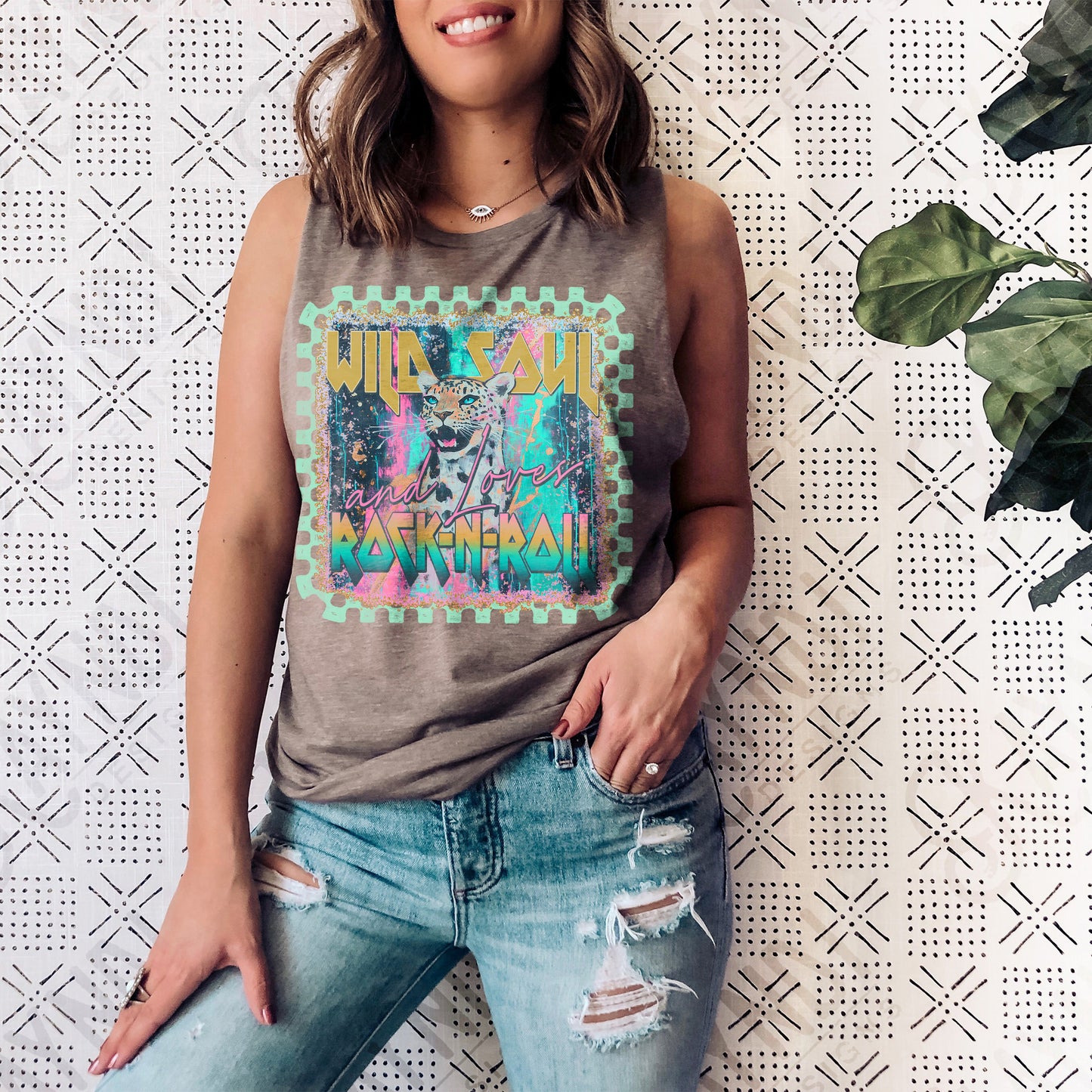 Wild Soul Loves Rock N Roll Sublimation Design PNG Digital Download Printable Cheetah Checkered