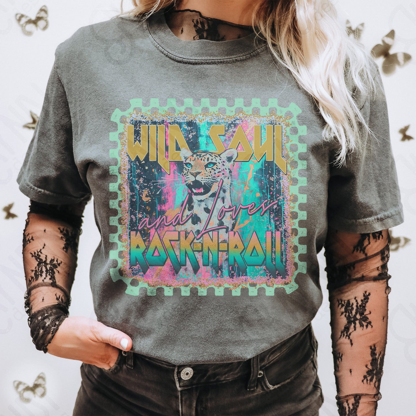 Wild Soul Loves Rock N Roll Sublimation Design PNG Digital Download Printable Cheetah Checkered