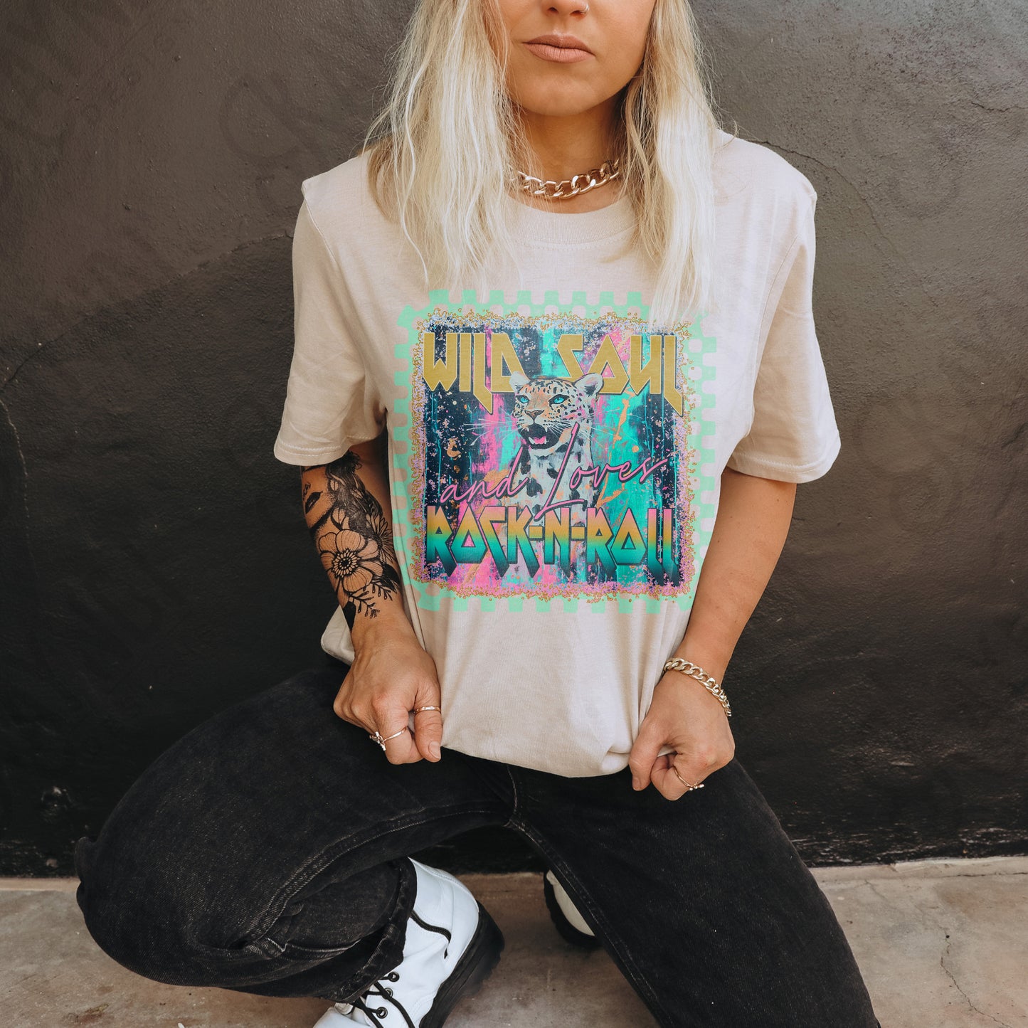 Wild Soul Loves Rock N Roll Sublimation Design PNG Digital Download Printable Cheetah Checkered