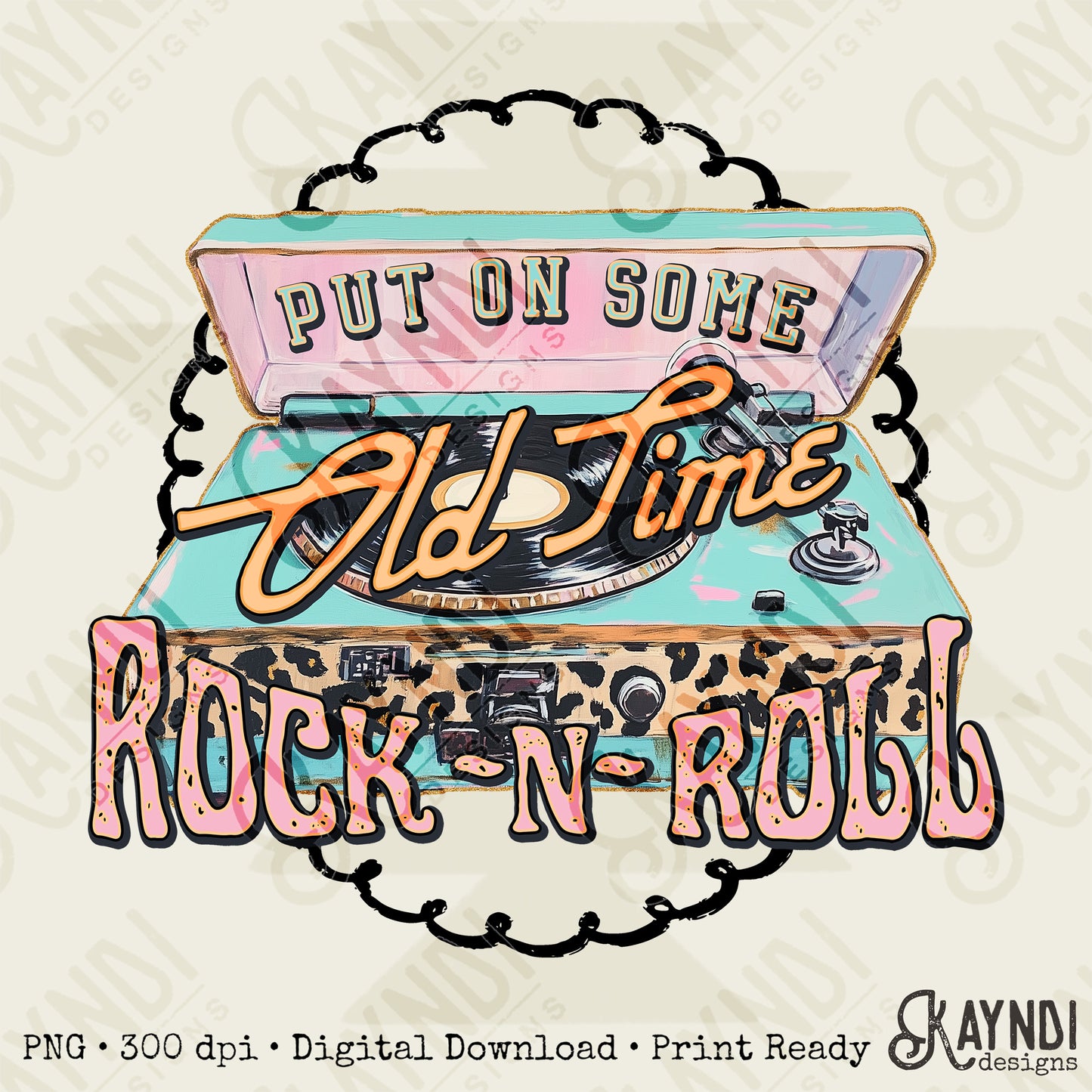 Old Time Rock N Roll Sublimation Design PNG Digital Download Printable Cheetah Record Player