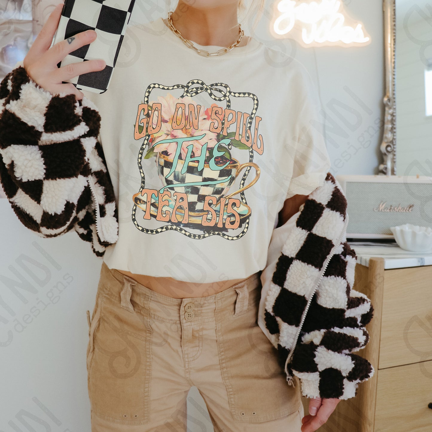 Spill the Tea Sis Sublimation Design PNG Digital Download Printable Flowers Checkered Sassy