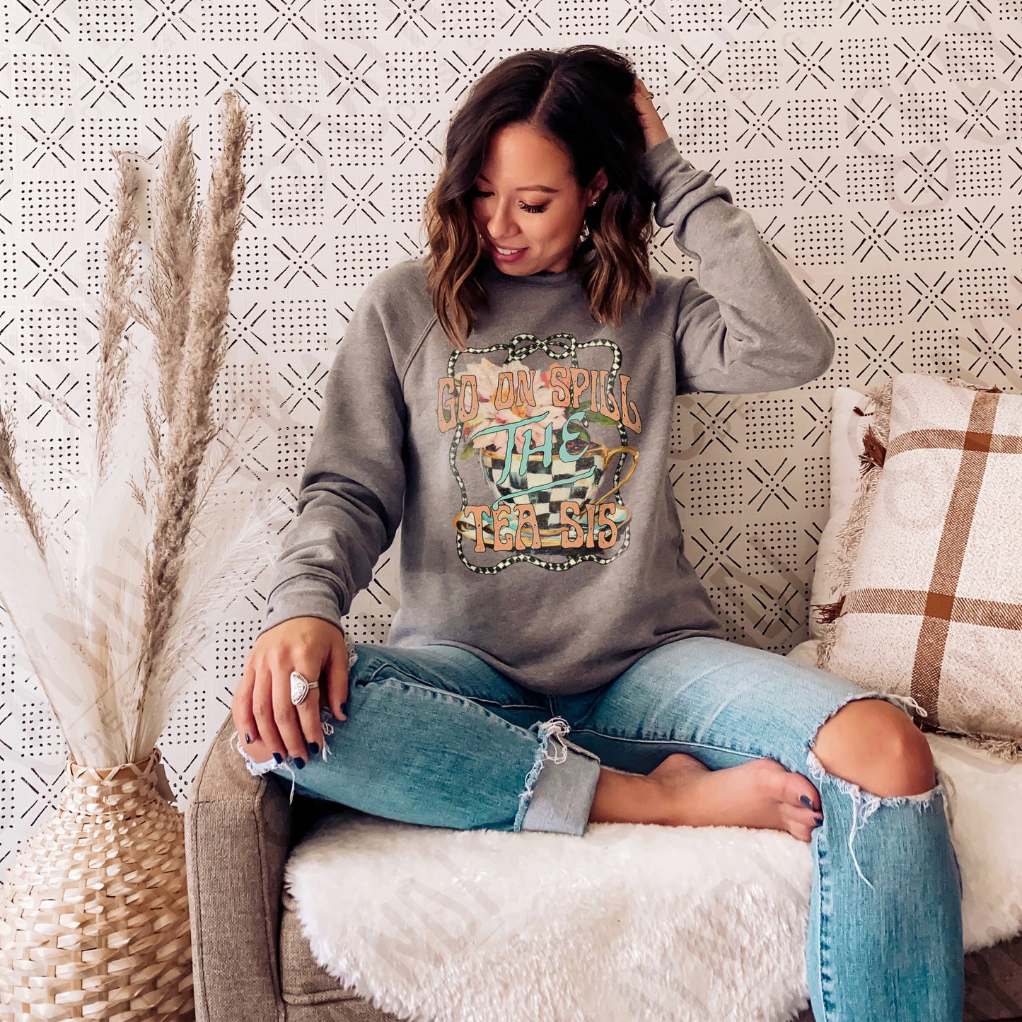 Spill the Tea Sis Sublimation Design PNG Digital Download Printable Flowers Checkered Sassy