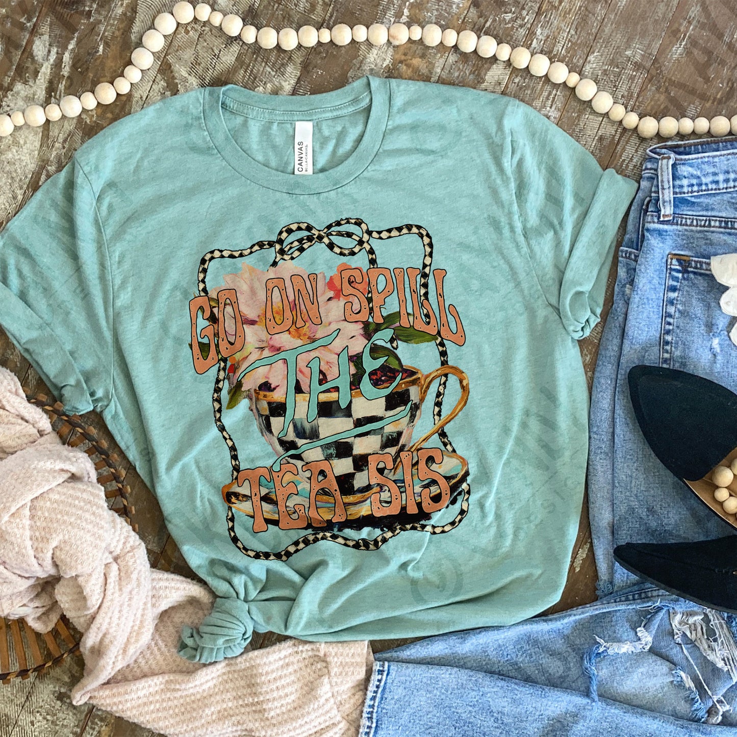 Spill the Tea Sis Sublimation Design PNG Digital Download Printable Flowers Checkered Sassy