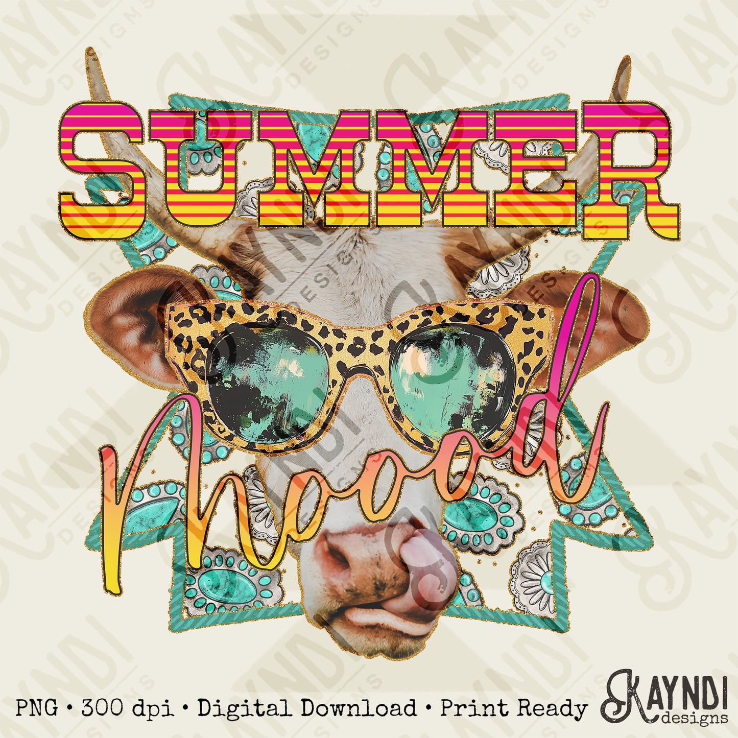 Summer Moood Sublimation Design PNG Digital Download Printable Cows Fun Turquoise