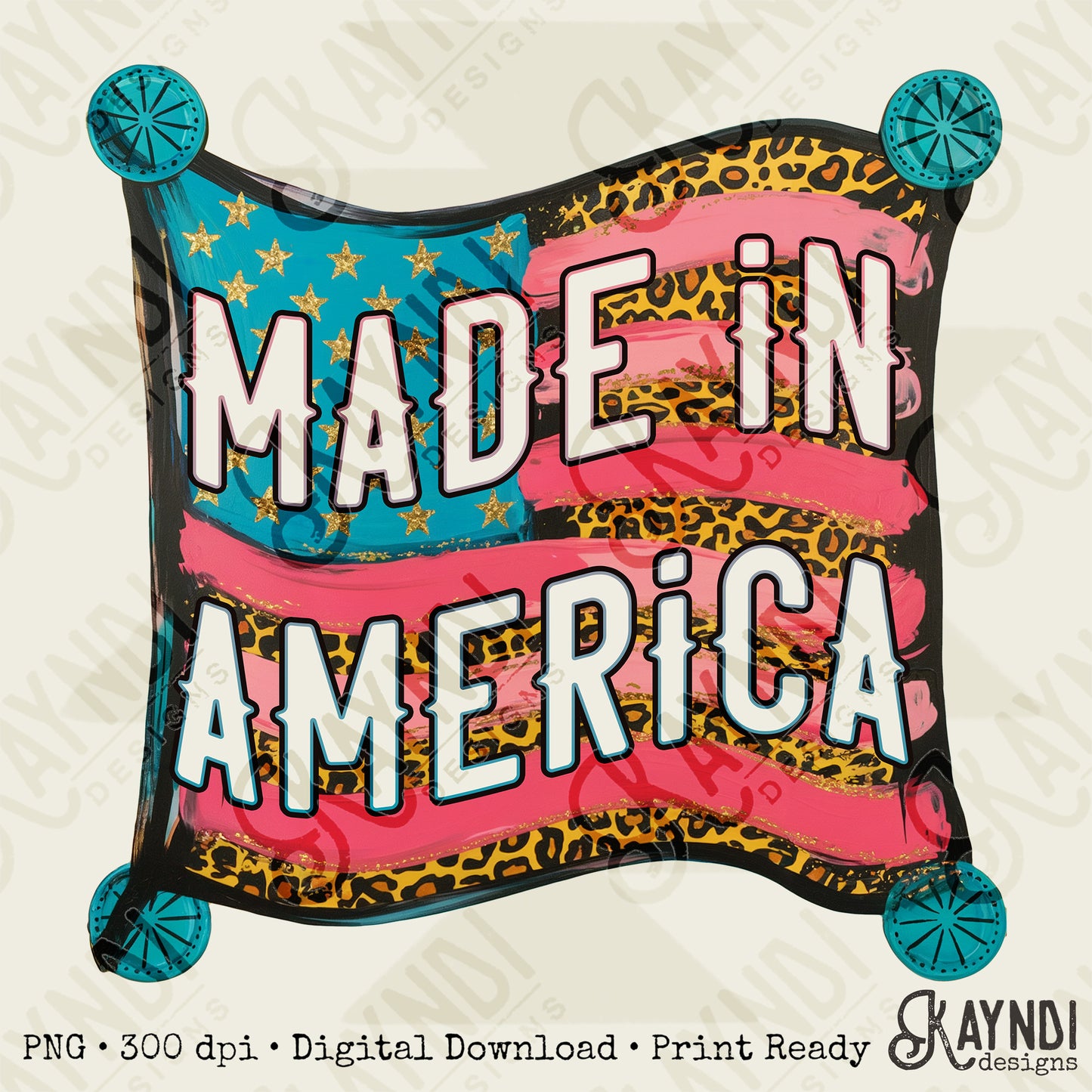 Made in America Sublimation Design PNG Digital Download Printable American Flag Turquoise Cheetah