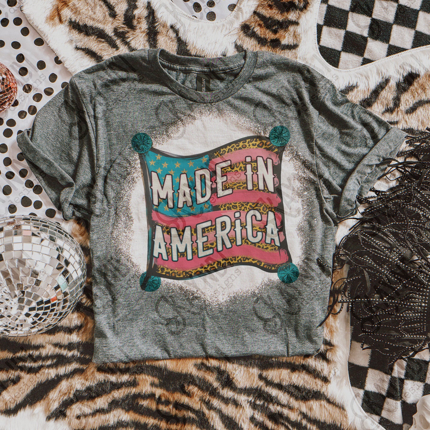Made in America Sublimation Design PNG Digital Download Printable American Flag Turquoise Cheetah