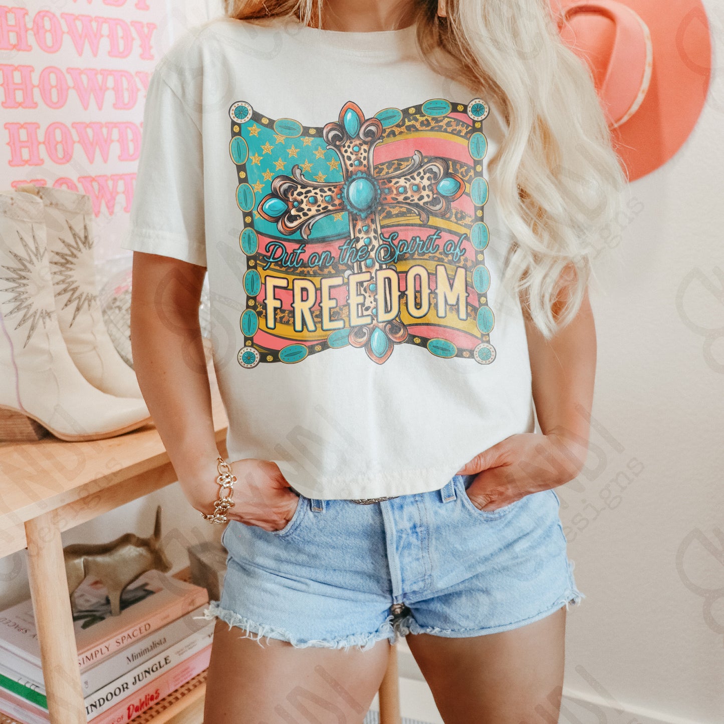 Put on the Spirit of Freedom Sublimation Design PNG Digital Download Printable American Flag Turquoise Cross