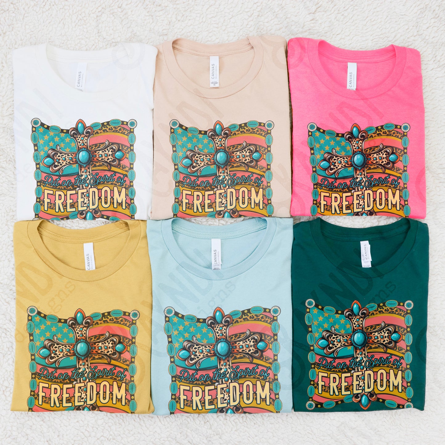 Put on the Spirit of Freedom Sublimation Design PNG Digital Download Printable American Flag Turquoise Cross