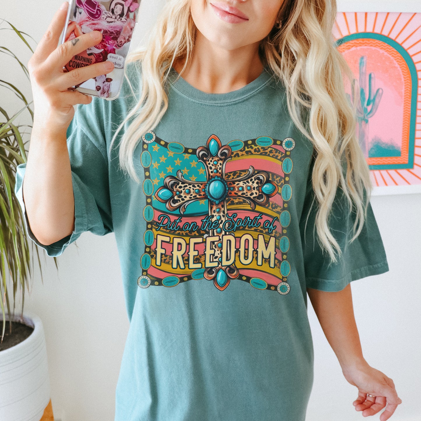 Put on the Spirit of Freedom Sublimation Design PNG Digital Download Printable American Flag Turquoise Cross