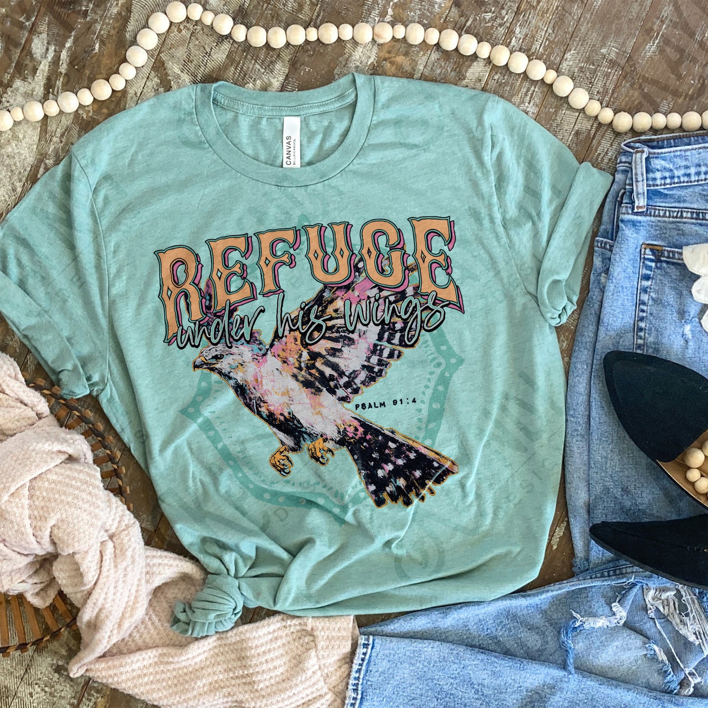 Refuge Under His Wings Sublimation Design PNG Digital Download Printable Faith Hawk Vintage