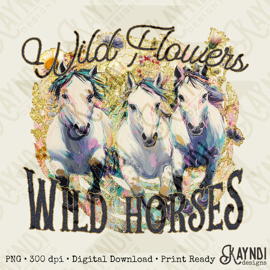 Wild Flowers Wild Horses Sublimation Design PNG Digital Download Printable Western Gold Floral