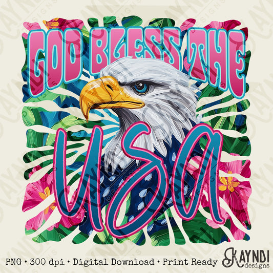God Bless the USA 2 Sublimation Design PNG Digital Download Printable Patriotic Eagle Floral Pink