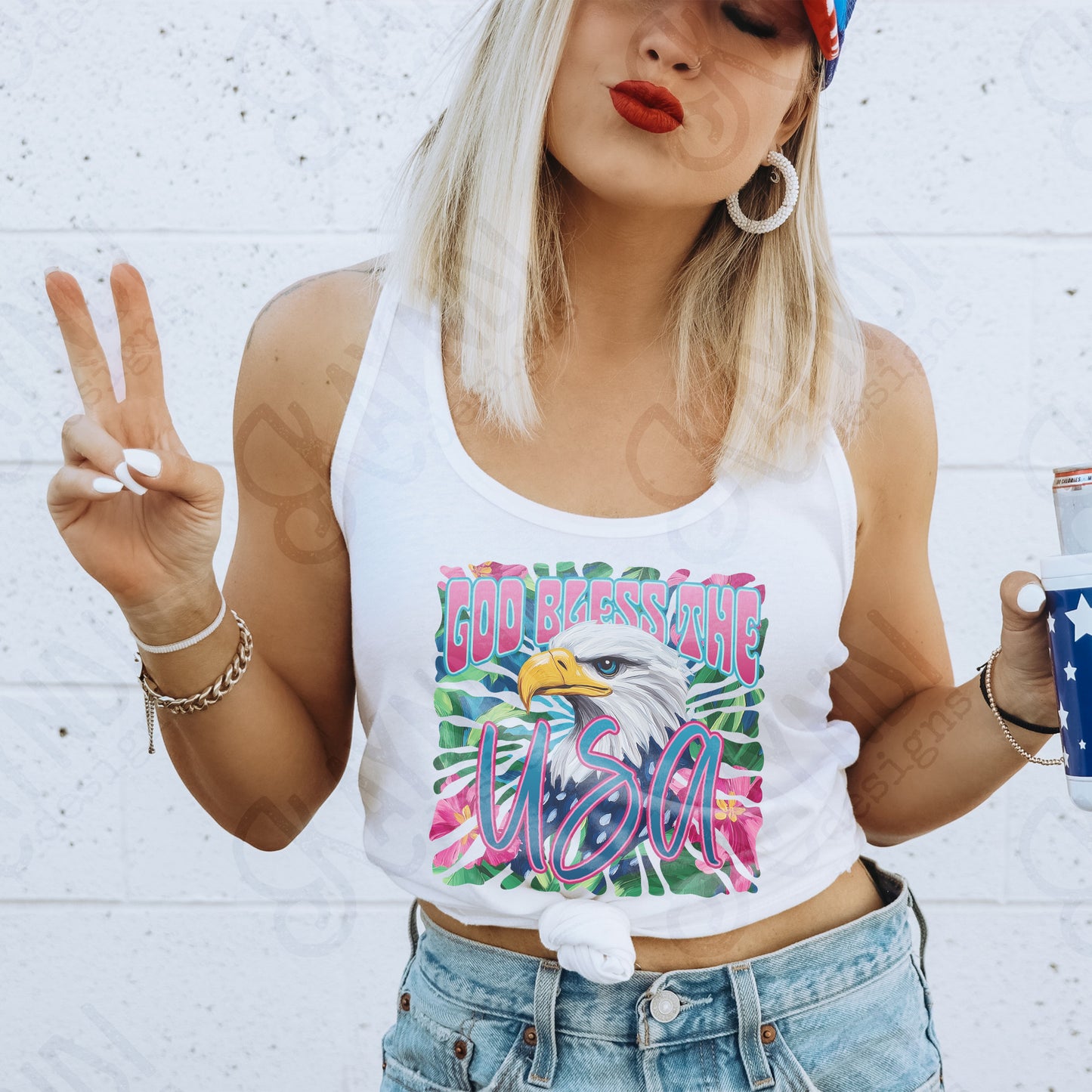 God Bless the USA 2 Sublimation Design PNG Digital Download Printable Patriotic Eagle Floral Pink