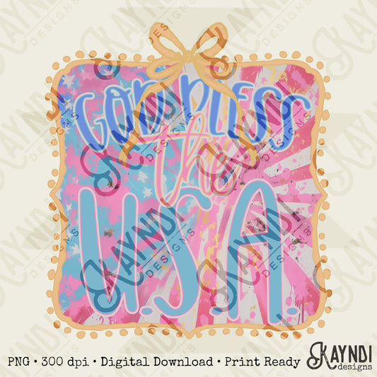 God Bless the USA Sublimation Design PNG Digital Download Printable Patriotic Vintage Bow