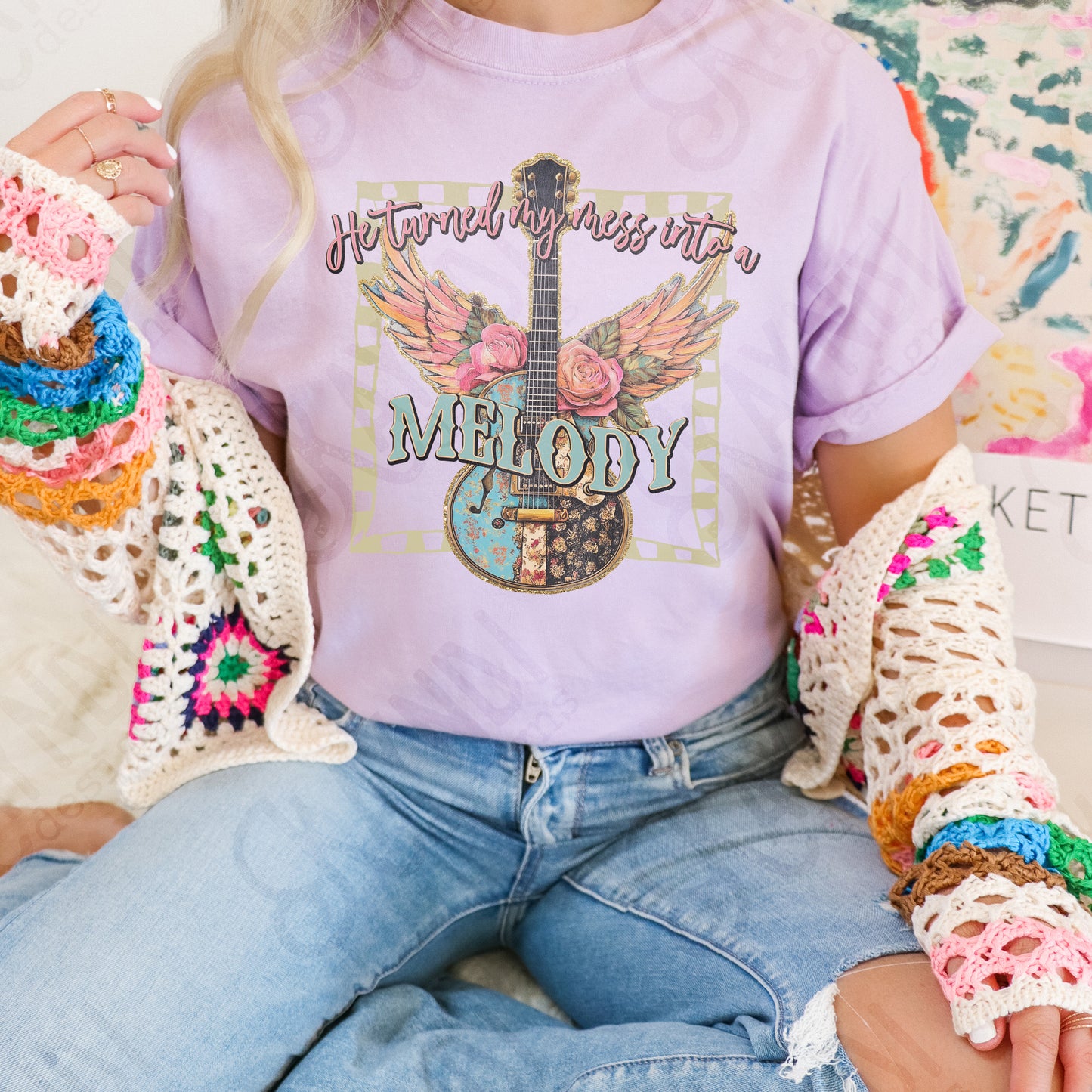Mess into a Melody Sublimation Design PNG Digital Download Printable Music Guitar Flowers Wings