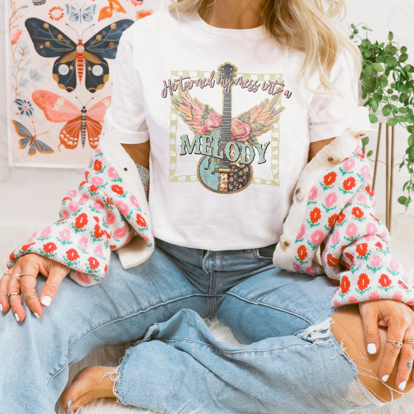 Mess into a Melody Sublimation Design PNG Digital Download Printable Music Guitar Flowers Wings