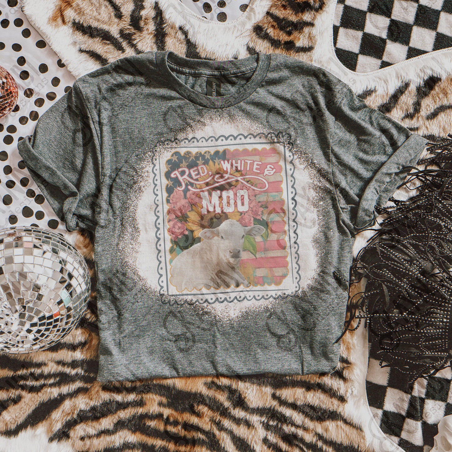 Red White and Moo Sublimation Design PNG Digital Download Printable Patriotic Flowers Cow