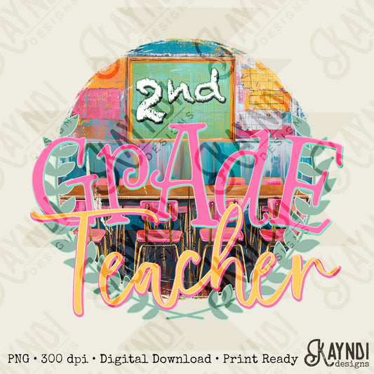 2nd Grade Teacher Sublimation Design PNG Digital Download Printable Chalkboard Classroom Vintage
