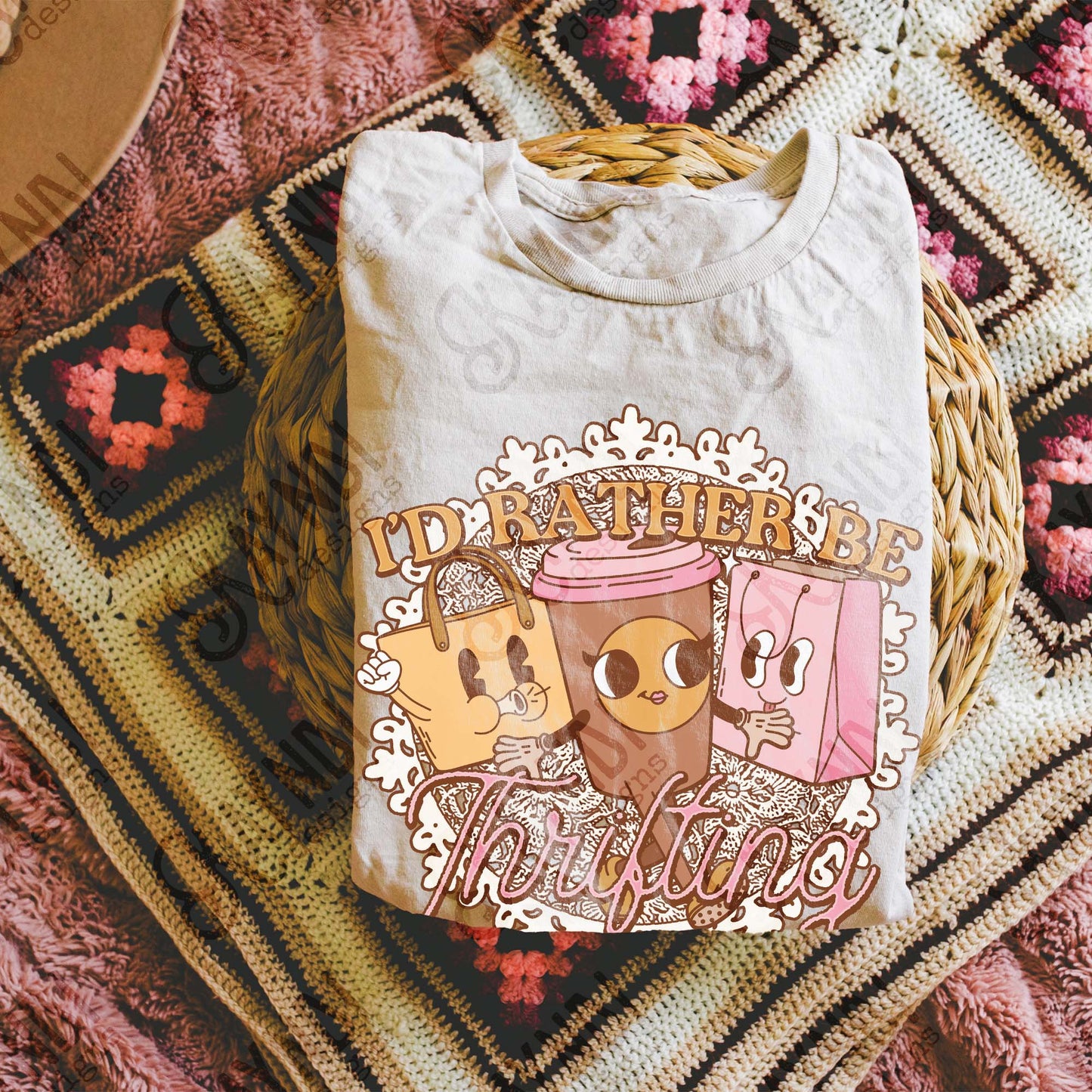 I'd Rather be Thrifting Pink Sublimation Design PNG Digital Download Printable Vintage Shopping Coffee