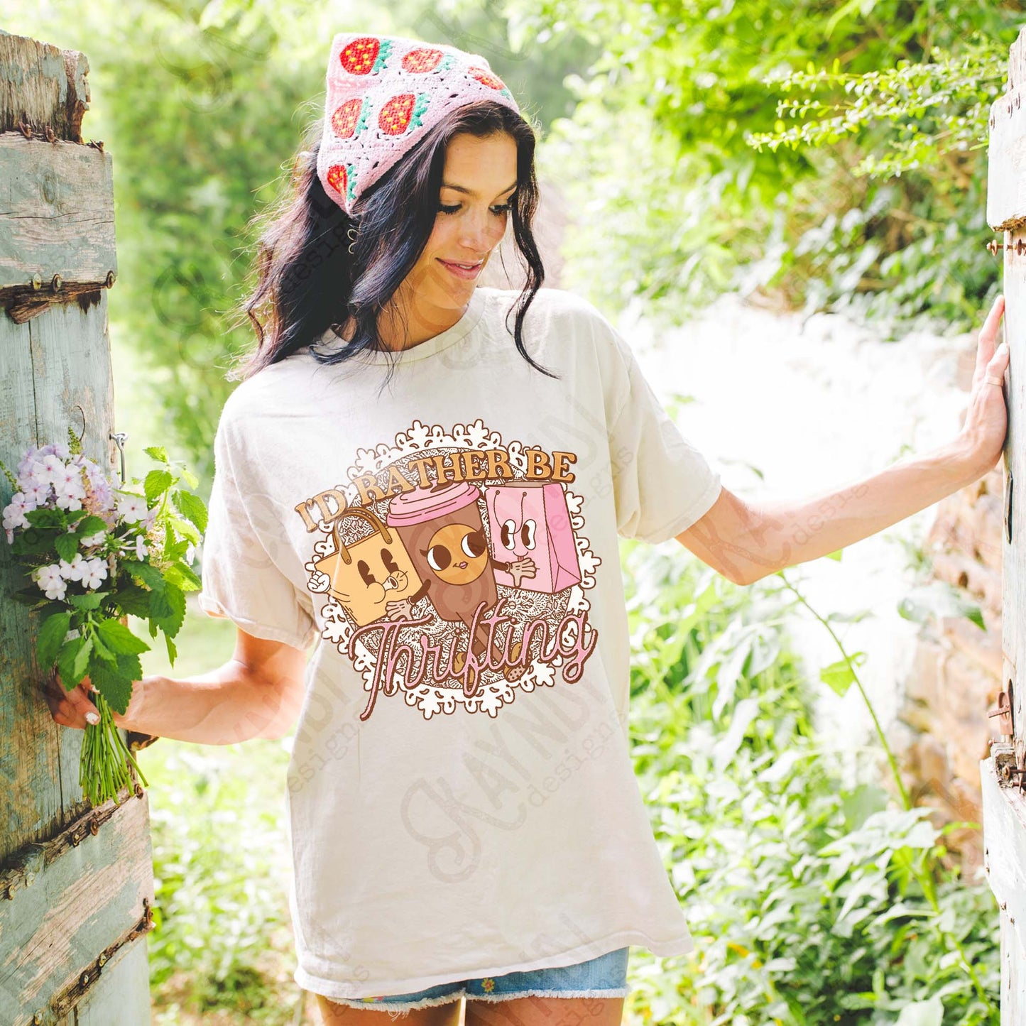 I'd Rather be Thrifting Pink Sublimation Design PNG Digital Download Printable Vintage Shopping Coffee