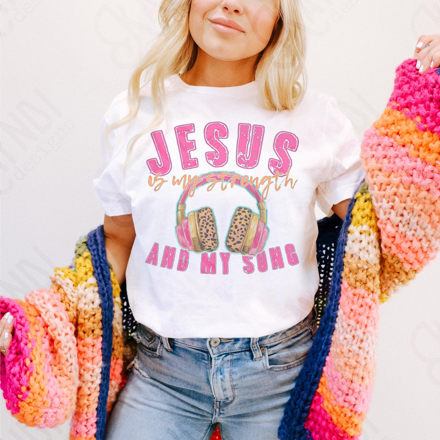 Jesus is My Strength and My Song Headphones Sublimation Design PNG Digital Download Printable Pink Cheetah Music