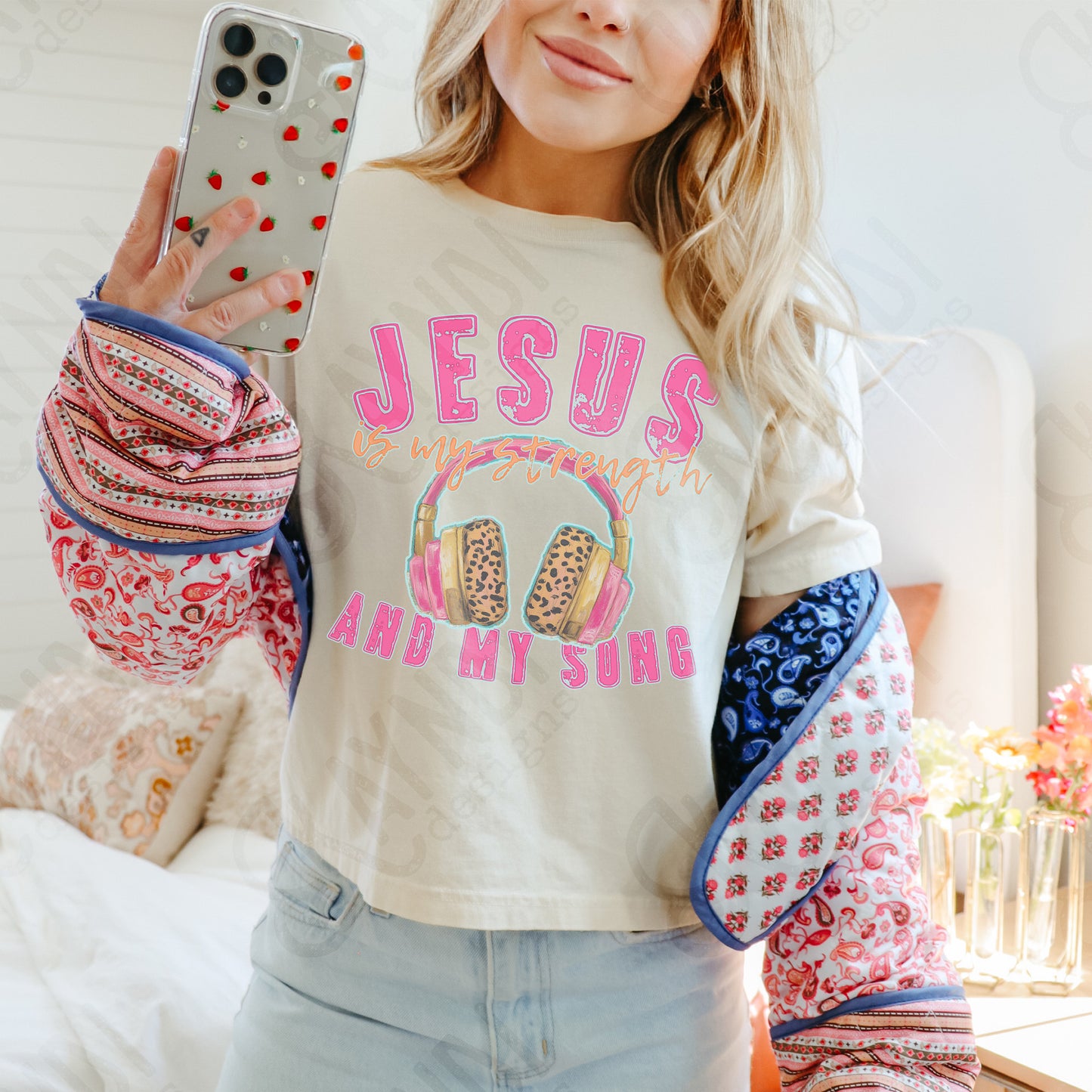 Jesus is My Strength and My Song Headphones Sublimation Design PNG Digital Download Printable Pink Cheetah Music