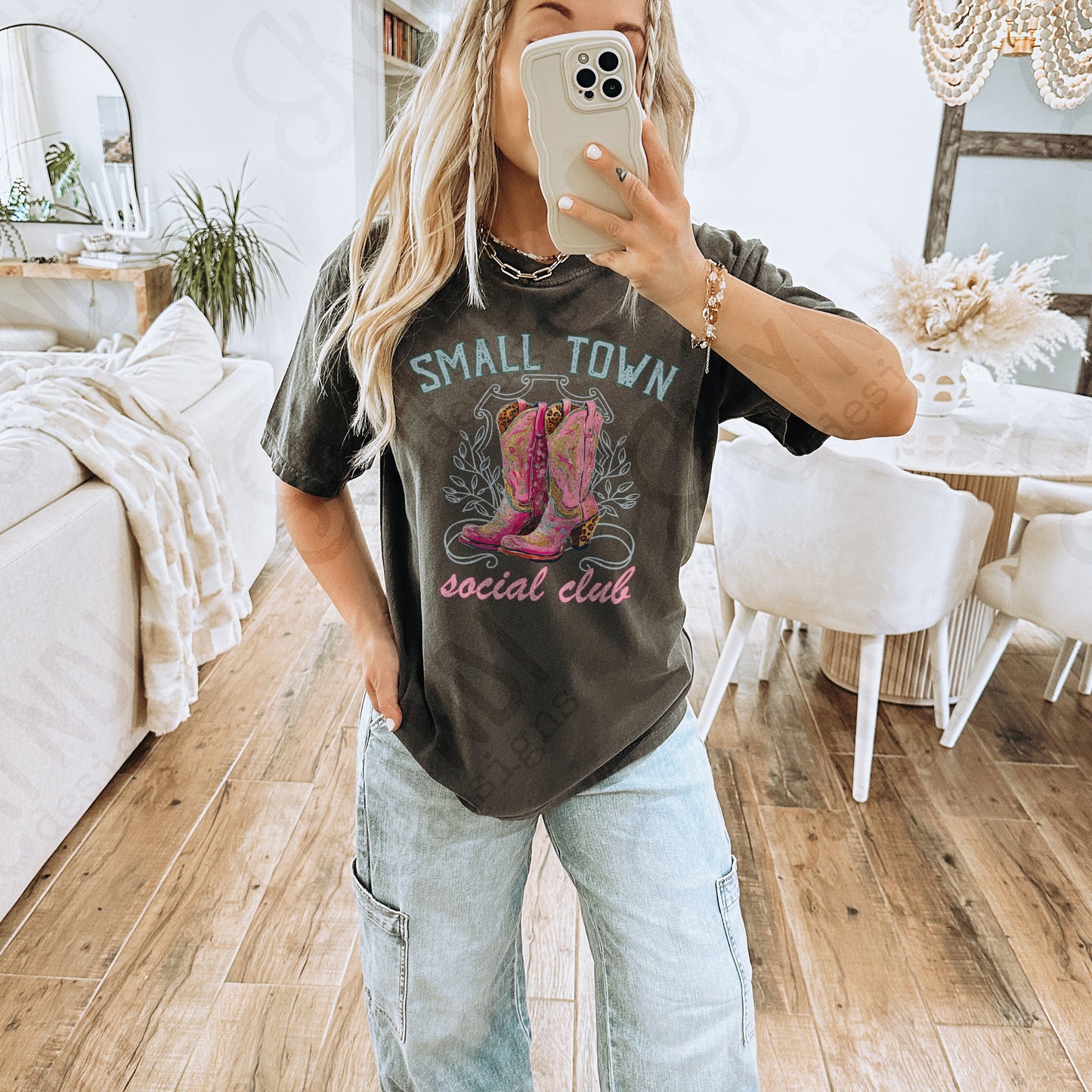 Small Town Social Club Sublimation Design PNG Digital Download Printable Cowboy Boots Pink Preppy