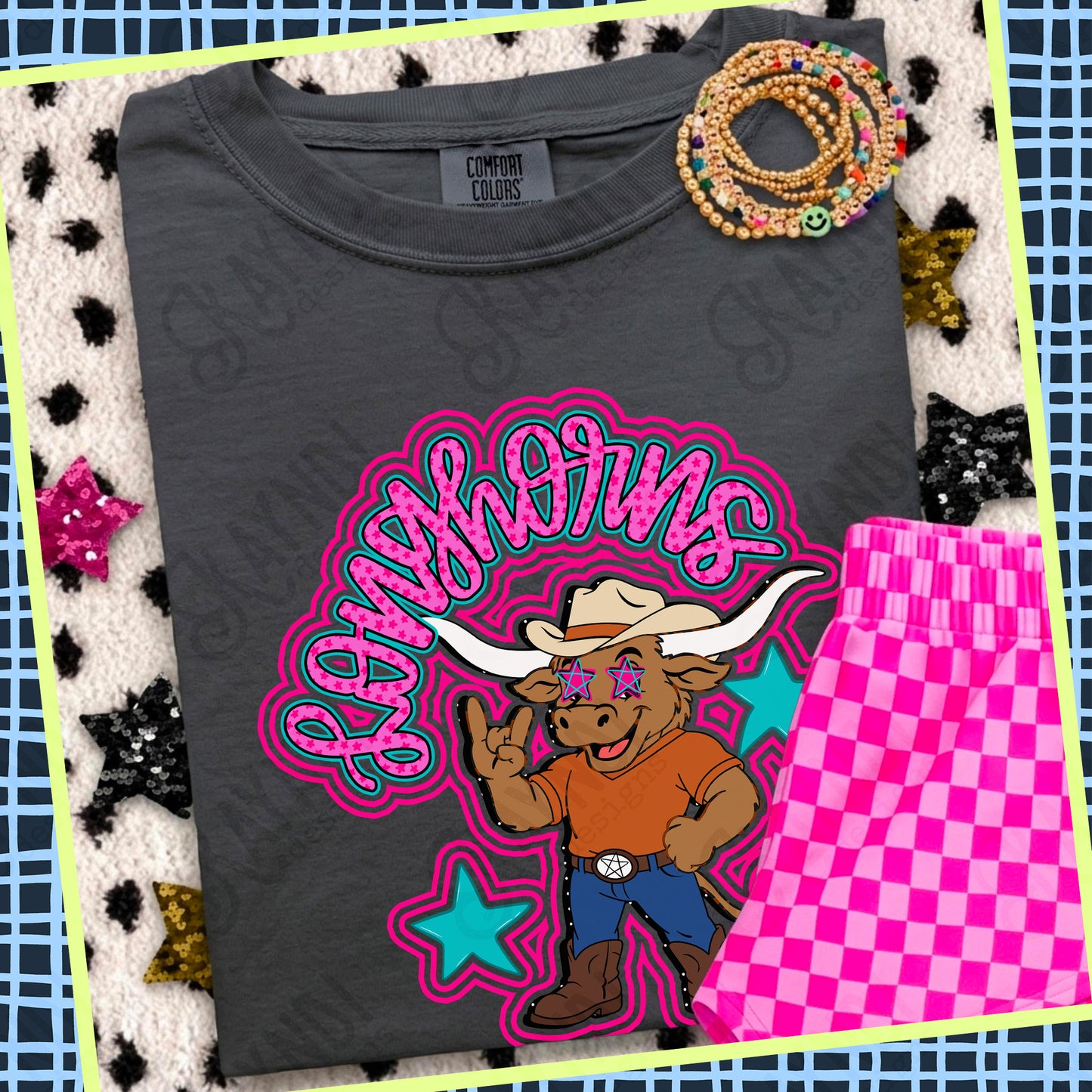 Friendly Mascot Longhorn Pink Colorful PNG Digital Download Sublimation DTF Print Preppy Colorful Mascot Spirit