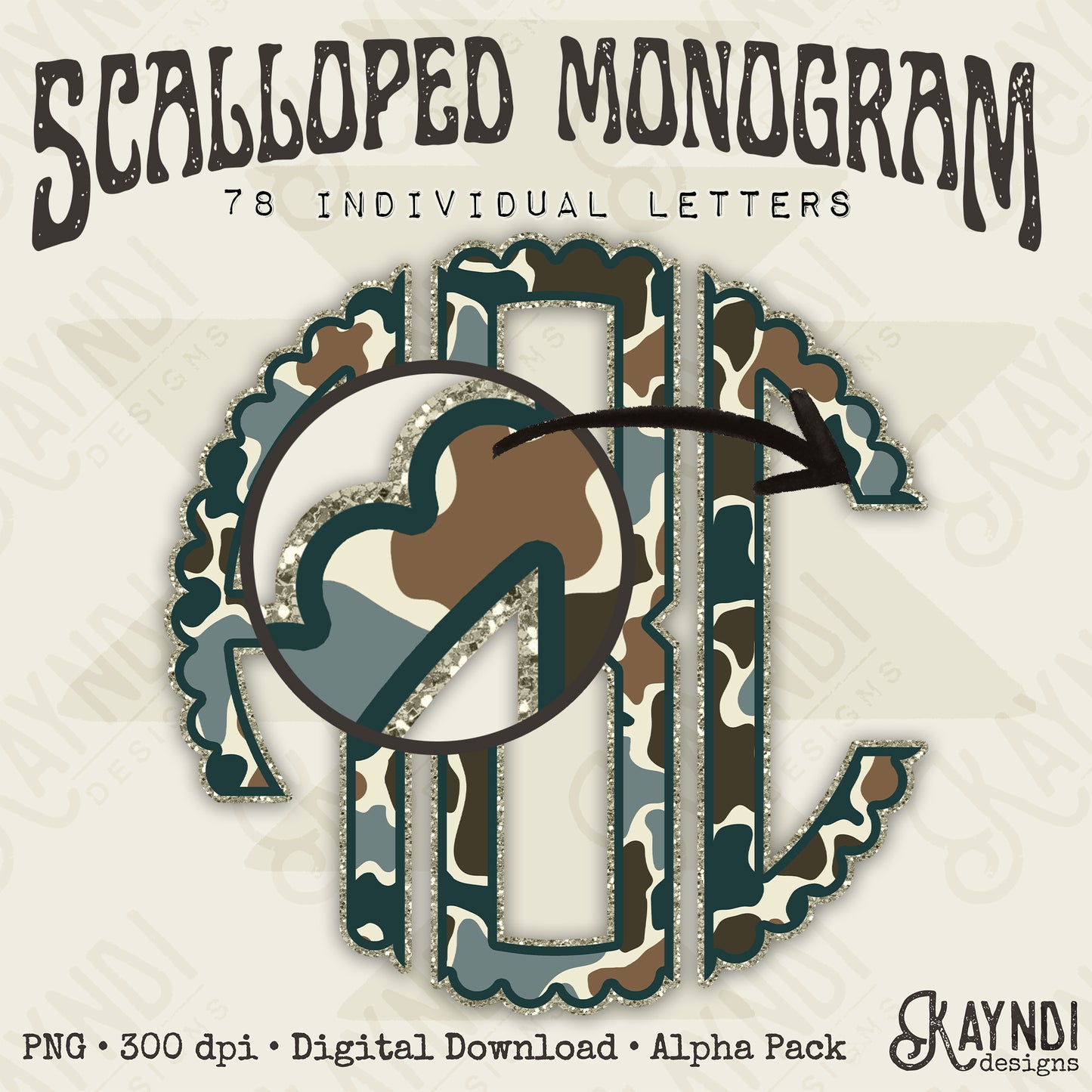 Duck Camo Dark Glitter Scalloped Monogram Set Sublimation Design PNG Digital Download Printable Green