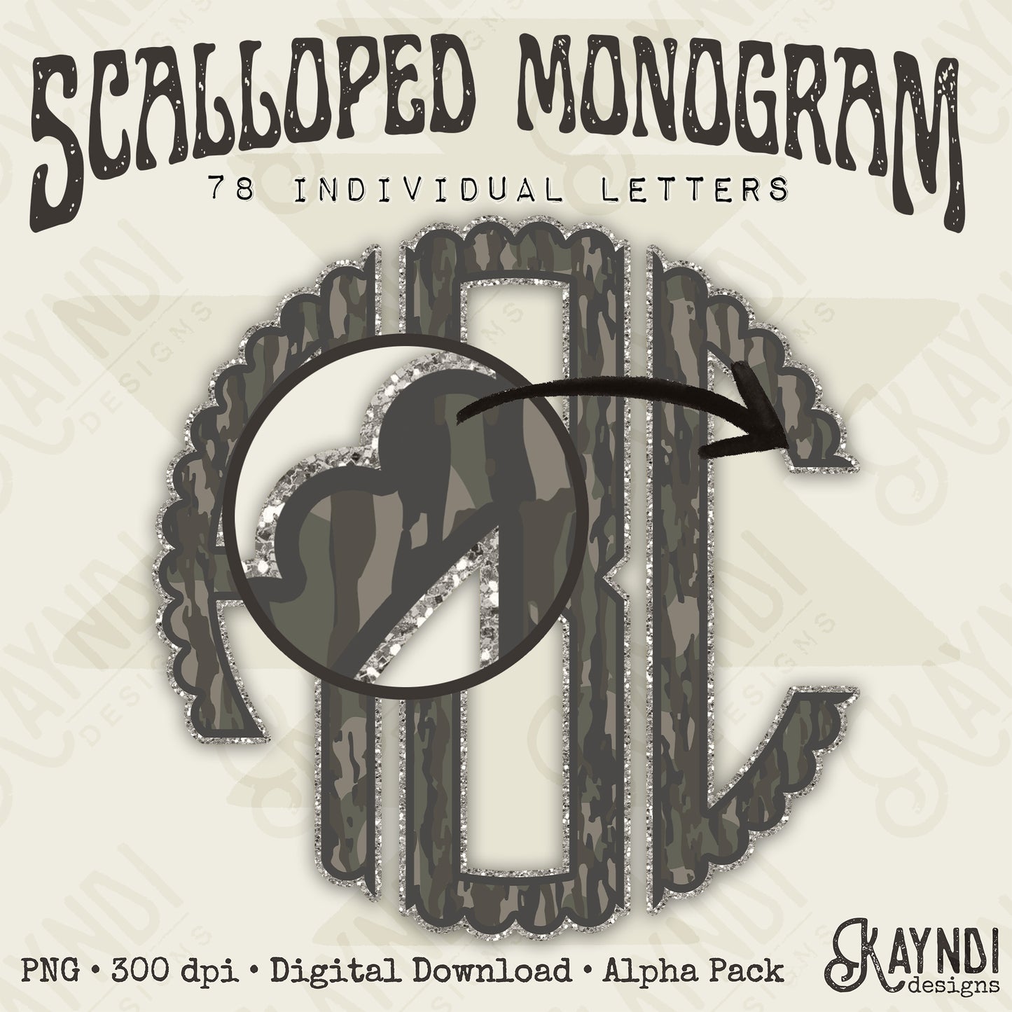 Duck Camo Woodland Glitter Scalloped Monogram Set Sublimation Design PNG Digital Download Printable Camo
