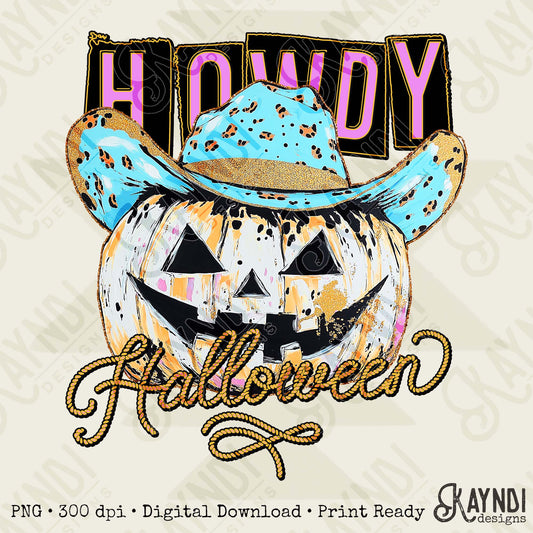 Howdy Halloween Sublimation Design PNG Digital Download Cheetah Pumpkin Cowboy